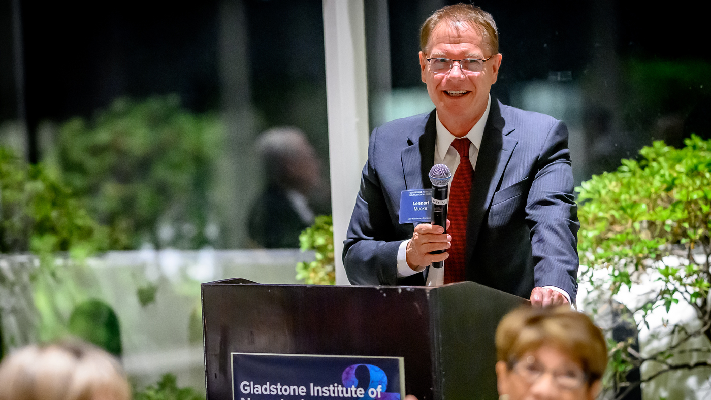 Lennart Mucke speaks at the 25th anniversary of the Gladstone Institute of Neurological Disease