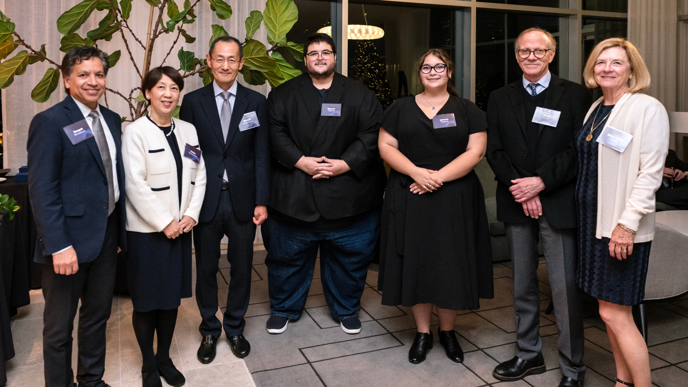 Rusty Gage, winner of the 2024 Ogawa-Yamanaka Stem Cell Prize, with Gladstone President Srivastava, the Yamanakas, and the Ogawas.