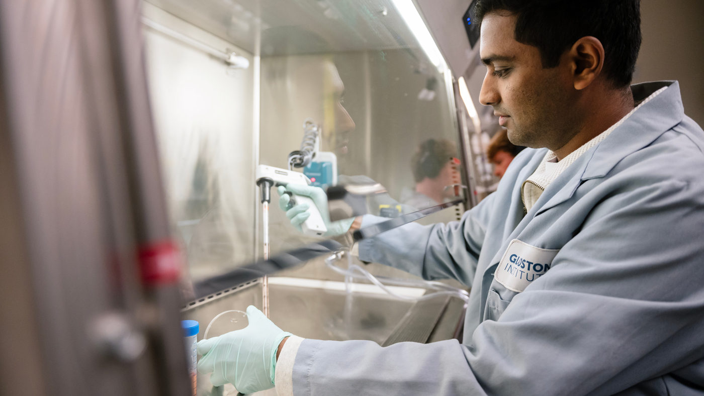 Gokul Ramadoss working in the Stem Cell Core at Gladstone Institutes