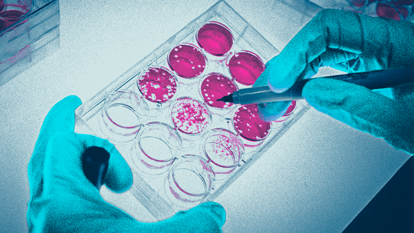 Stylized image of hands working in a scientific lab